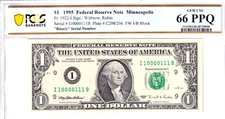 1995 $1 FRN PCGS 66PPQ Fancy TRUE 0/1 BINARY Serial #I10000111B