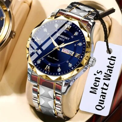 Men Stainless Steel Multifunctional Watch Roman Numerals Dial Rhinestones Gift