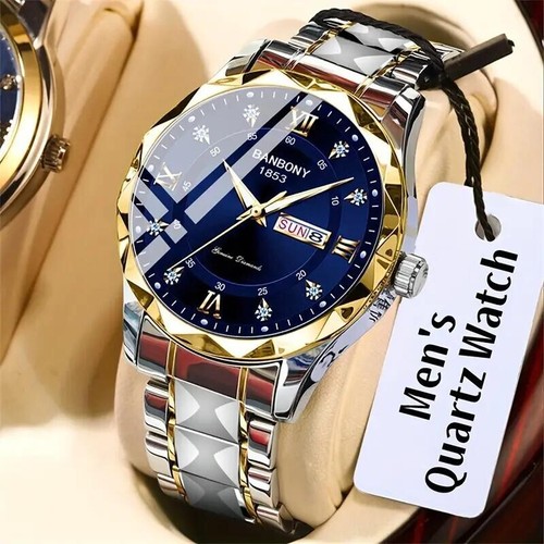 Men Stainless Steel Multifunctional Watch Roman Numerals Dial Rhinestones Gift - Picture 1 of 3