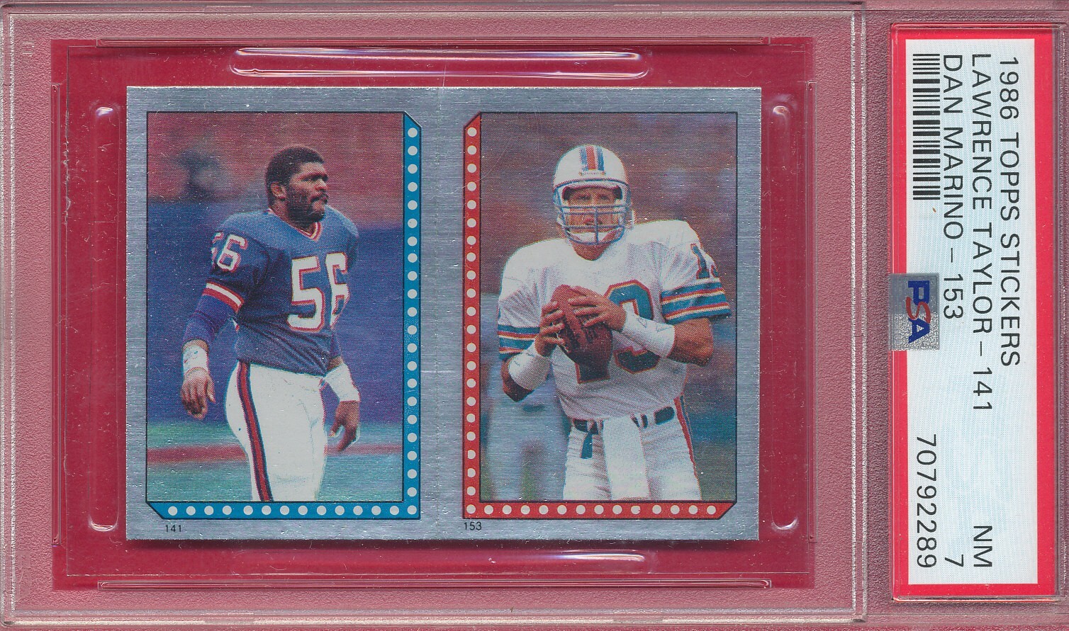 Lawrence Taylor, Dan Marino Football Cards 1986 Topps Stickers trading card — raw and PSA graded price guide