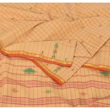 Sanskriti Vintage Indian Cream Sarees Pure Cotton Handwoven Tant Sari 5Yd Fabric