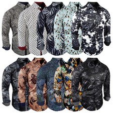 Designer Mens Shirt Italian Leaf Florals Silky Stretch Dress Slim Fit Button Up