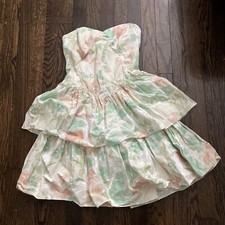 VTG 80  s Floral Pastel Strapless Tiered Dress Boned Bodice Sweetheart Xs