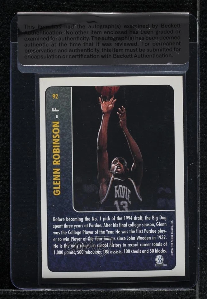 BAS 1997 Score Board Rookies Glenn Robinson #92 Sello of Authenticity Auto Foto 2 de 2