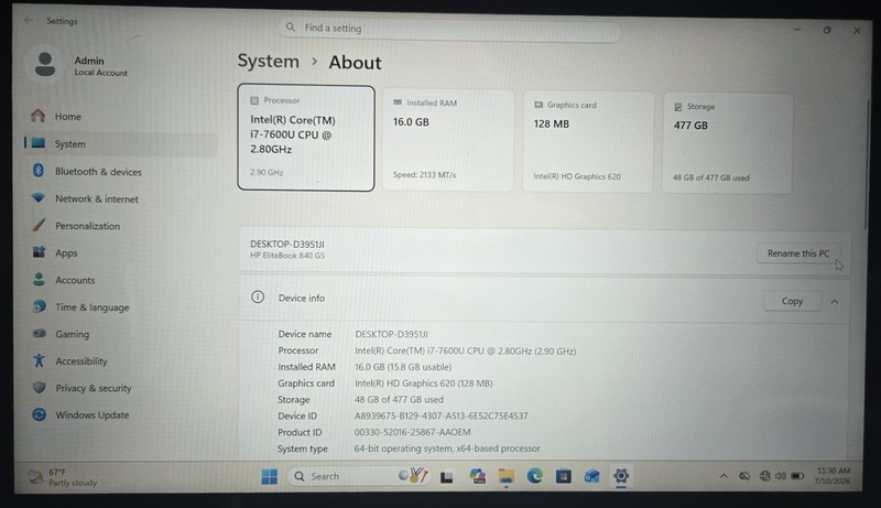 HP EliteBook 840 G5 Core i7-7600u 2.90GHz 16GB 512GB SSD Webcam Win 11 Laptop