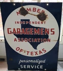 Vtg Double Sided Porcelain Sign Member Of Texas Independent Garagemens Assoc.