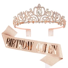Birthday Crown and Queen Sash - Rose Gold Tiara for Women, Princess Crown with R