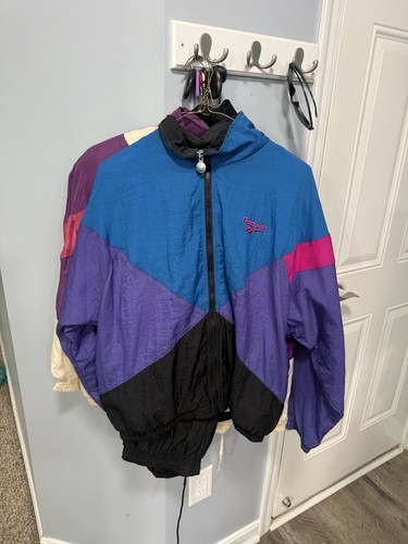 Vintage Reebok Track Suit Windbreaker Jacket & Pants 90s Black Blue Pink Purple