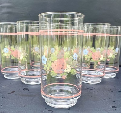 Vintage Pfaltzgraff Tea Rose Libbey Tumbler Drinking Glasses Pink Bands Set of 8