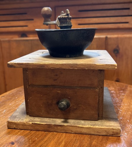 Antique Primitive Wooden Coffee Grinder with Cast Iron Top & Handle