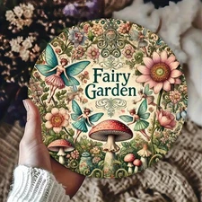 2D Flat, Vintage Fairy Garden Metal Wall Art - 8x8 Inch Round Aluminum Sign with