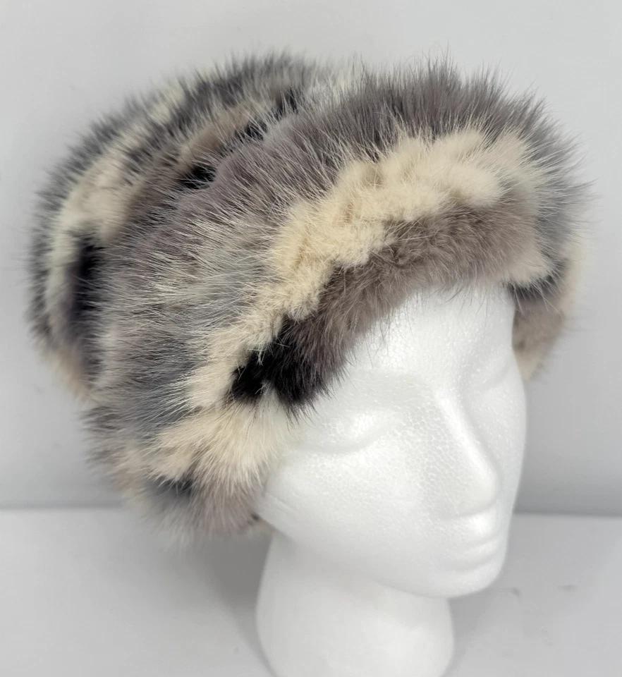 Sombrero elástico tejido de piel de visón gris genuino hecho a mano de colección en Canadá Foto 3 de 4