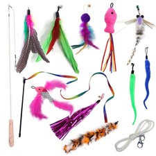 Cat Teaser Wand Set 13PCS - Retractable 80cm with Feather Refills  Interactive