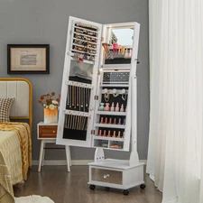 Standing Jewelry Armoire w/Vanity Mirror Lockable Organizer LED Lights White
