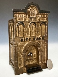 Antique H.L. Judd Cast Iron Still Penny “City Bank” Building w/ Teller M#1098
