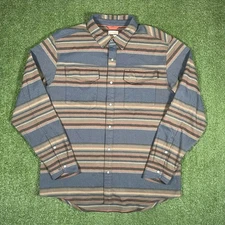 Simms Flannel Shirt Mens Large Gray Brown Striped Stretch Pearl Snap Button