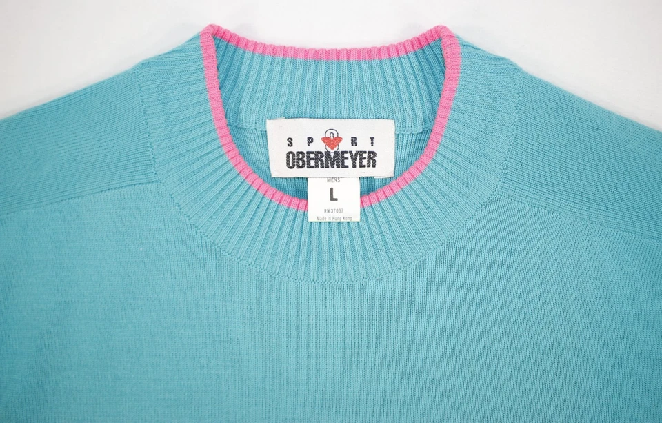 Vintage Obermeyer Sport Sweater Men L Hurricane Wool Acrylic 80's Neon Teal Pink - Image 3 of 4