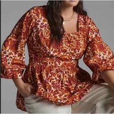 LOVE THE LABEL Anthropologie 1x Orange Red Purple Peasant Top Tie Open Back NWT