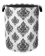 Black White Damask Flower Foldable Laundry Hamper - Waterproof Fabric Storage...