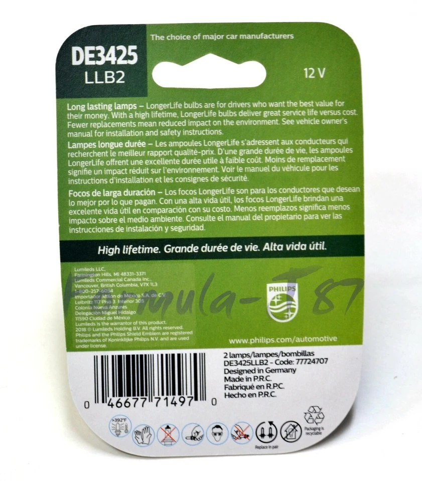 Philips LongerLife DE3425 10W Duas Lâmpadas Duas Lâmpadas Interior Dome Light Substituir OE - Imagem 2 de 4