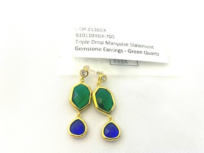 Gemstone Quartz Triple Drop Statement Earrings Green & Blue