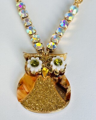 Betsey Johnson Dazzling Gold Tone Rhinestone Multicolor 'OWL' Pendant Necklace