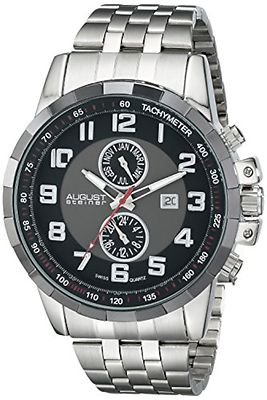 NEW August Steiner AS8153SSB Men's Swiss Month Date GMT Black Dial Silver Watch