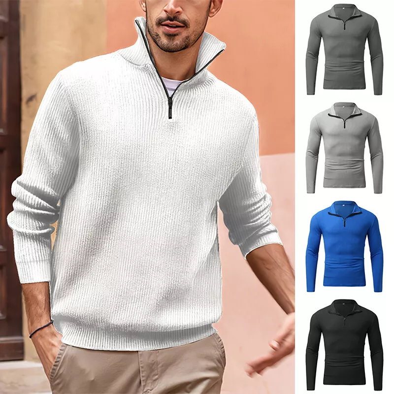 Men Knitted High Neck Quarter Zip Sweater Pullover Warm Thick Jumper  Knitwear !