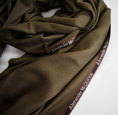 $545🆕️ALEXANDER McQUEEN Olive SELVEDGE LOGO Trim CASHMERE SILK