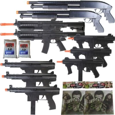DARK OPS AIRSOFT 10 Gun Airsoft Package 6MM Airsoft Pistols Shotguns Rifles + Zombie Targets BBS