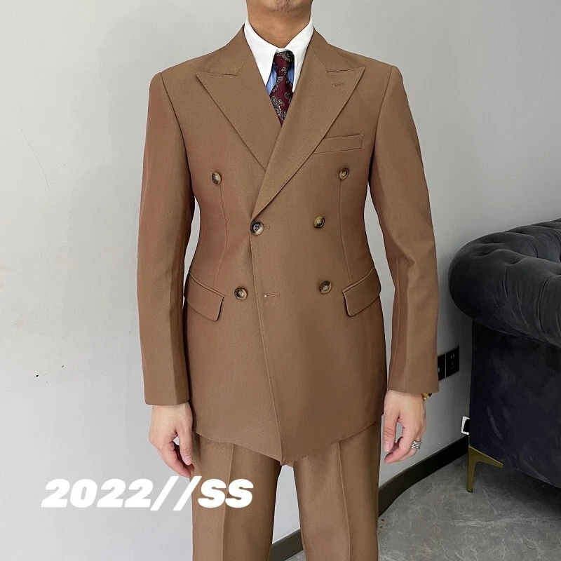 Conjunto de Traje Retro Para Hombre Delgado Doble Pecho Moda Negocios Formal Traje Dos Piezas Foto 3 de 4