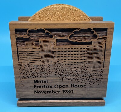 Mobil Fairfax Open House 1980 6 Coaster Set w Laser Etched Walnut Holder