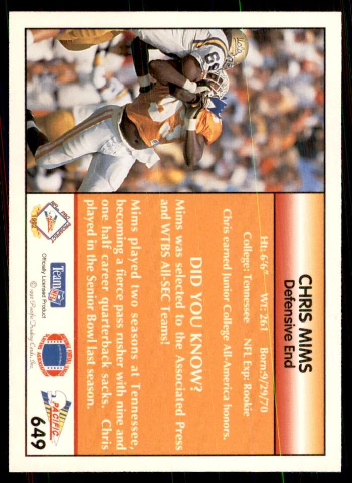 1992 Pacific Chris Mims Football Cards #649 - Image 2 of 2