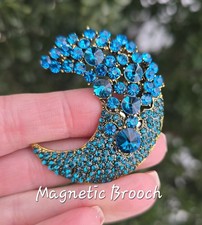 Bedazzled Aqua Teal crystal Crescent Moon MAGNETIC Brooch, Celestial pin jewelry