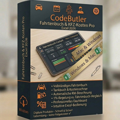 Fahrtenbuch + KFZ-Kostenrechner Excel 2026 | Firmenwagen Autokosten Dashboard PC