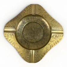 Vtg India Brass Ashtray Cigar 4 slot Intricate Floral Etched Large 9.5" # 8686J