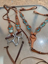 Turquoise Headstall & Leather Breast Collar setup w/ dogbone snaffle - Fancy Set