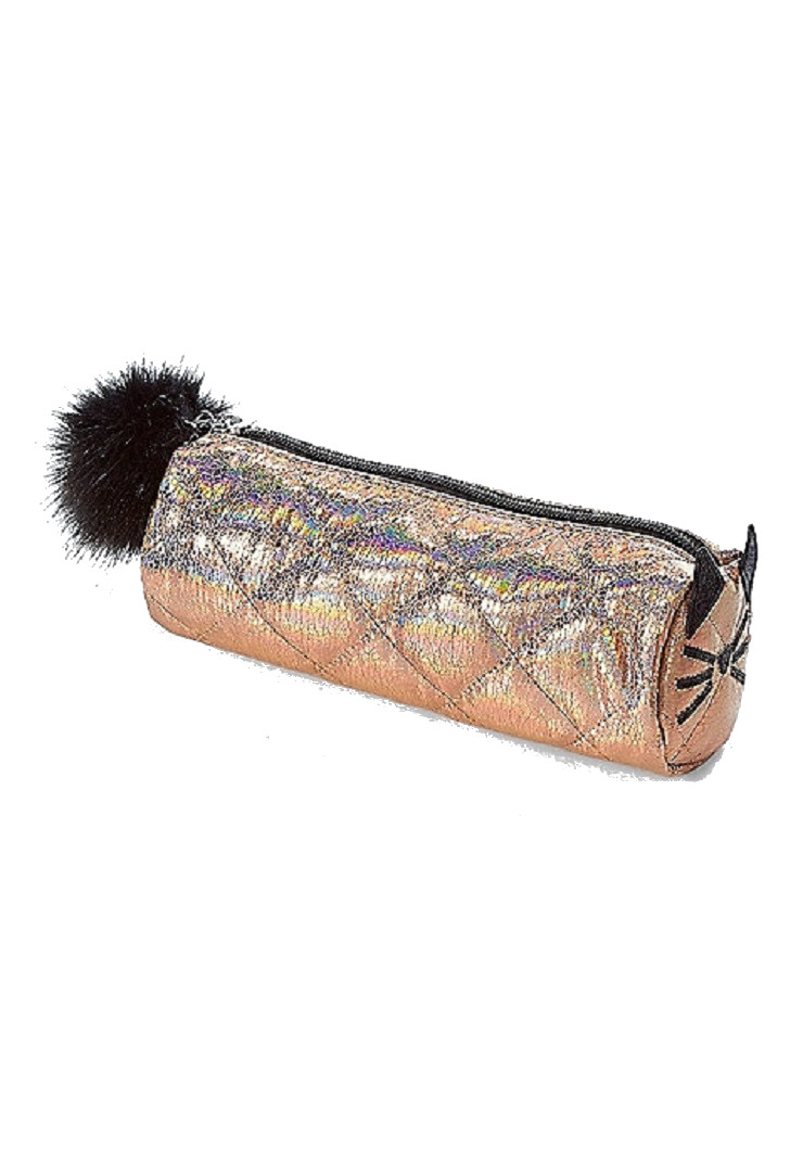 Justice For Girls Rose Gold Kitty Cat Metallic Pom Pencil Case Pouch BTS