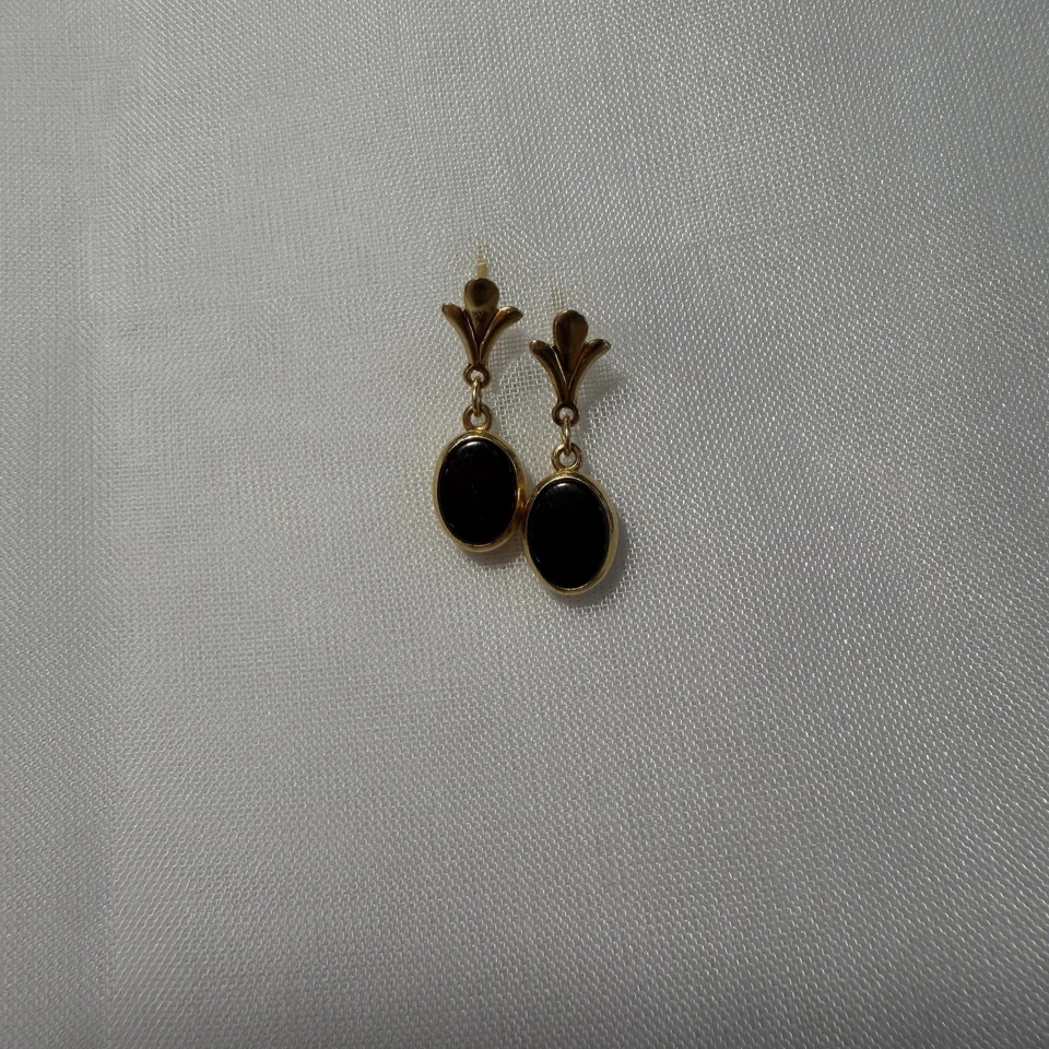 Винтажные серьги-гвоздики из золота 14 карат с черным овальным ониксом 0,3/4 X 0,1/4 дюйма БЕЗ СПИНКИ - Изображение 4 из 4