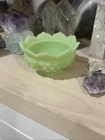 Fenton Handmade Vintage Hobnail Uranium Milk Glass Bowl with Ruffled Edge 3.5