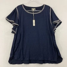 New Max Studio Top size 2X Navy Flutter Sleeve Embroidered Trim Stretch Elegant