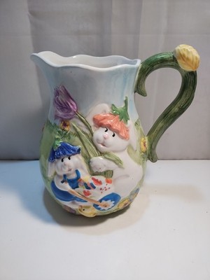Vintage GKAO Spring Easter Pitcher Colorful Bunny Flowers Chicks Decorative READ