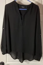 Simply Vera Black Semi Sheer V Neck Roll Tab Sleeve Hi/lo Hem M