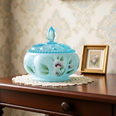 Fenton Blue Opalescent Lidded Candy Dish Hand Painted Signed V Williams Marked