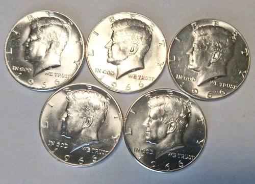 Lot of 5 KENNEDY 40% SILVER HALF DOLLAR 1966 UNC