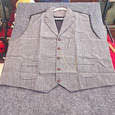 Men's Gray Herringbone Tweed Dress Vest Button Front Lined Chain 3XL B T