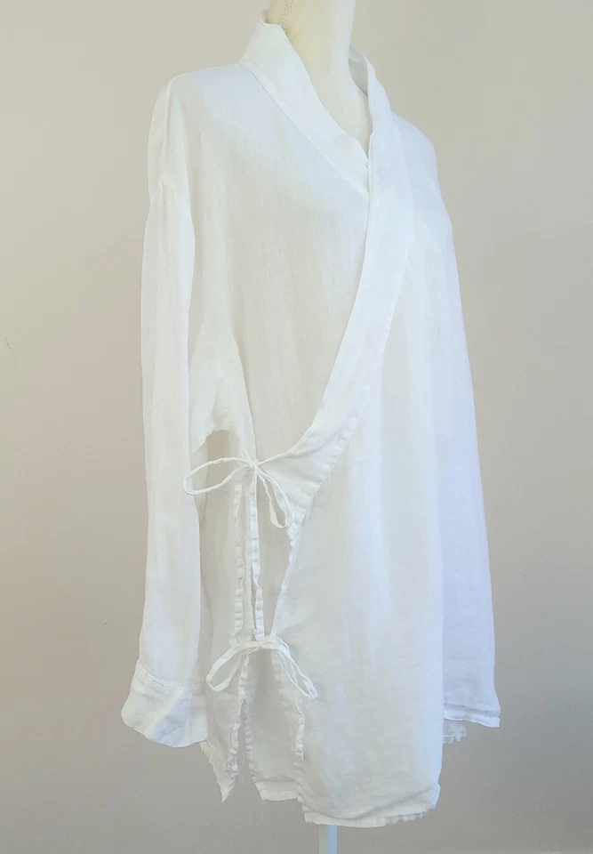 Grande CP SHADES Mujer Blanco 100% LINO Manga Larga ENVOLTURA TOP con Corbatas Foto 4 de 4