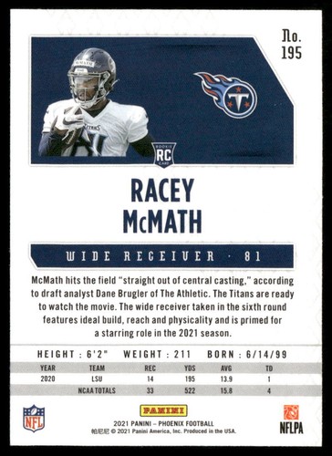 Racey McMath 2021 Panini Phoenix #195 Tennessee Titans RC LSU - Picture 2 of 2