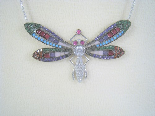 Collier Pendentif Libellule – Améthyste CZ – Plaqué Or Blanc 50cm