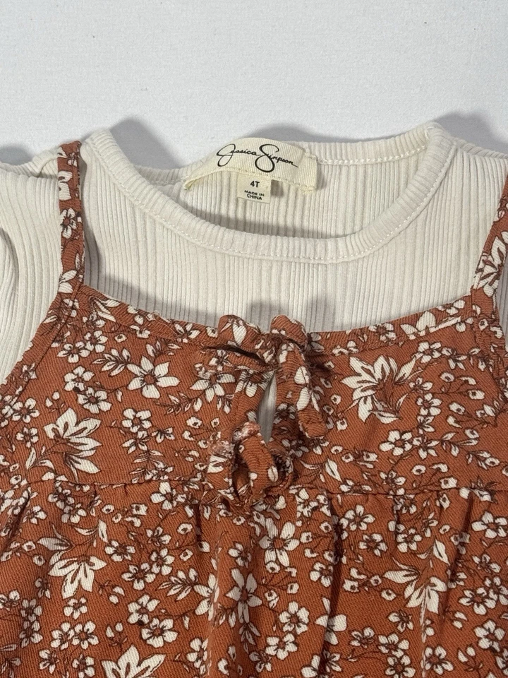 Jessica Simpson Floral Dress 2 Pc Set Brown Rust Cream Short Sleeve Girls Sz 4T - Image 3 of 4
